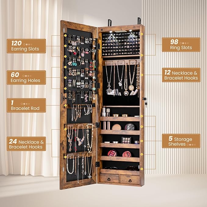 NAFORT 2 LEDs Full Length Mirror with Jewelry Armoire, Jewelry Organizers and Storage with 2 Mounting Options, 47.5”H Jewelry Cabinet with 2 Drawers, Make up & Lockable Jewelry Box, Rustic Brown