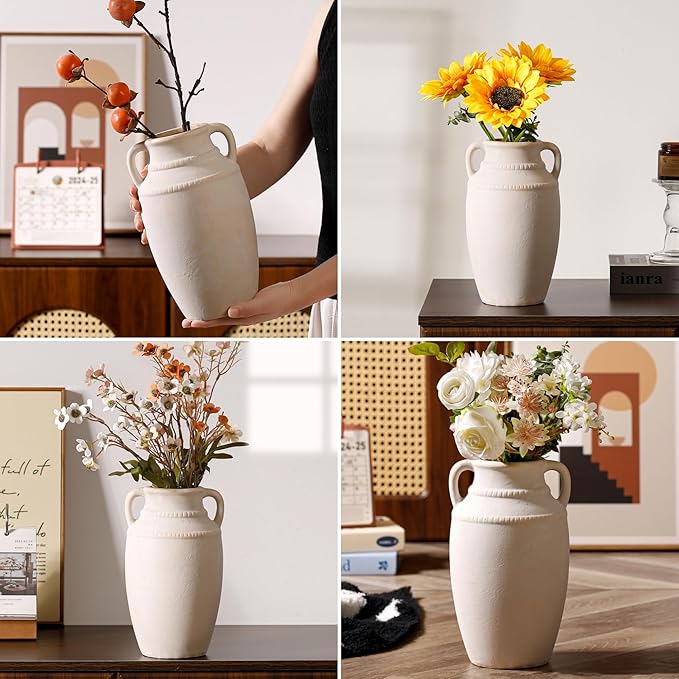 Lvases Beige Ceramic Vase with Handles, 10.5 Inch Boho Modern Aesthetic Textured Table Vases for Anthropologie Home Decor Centerpieces (Cream Beige White)