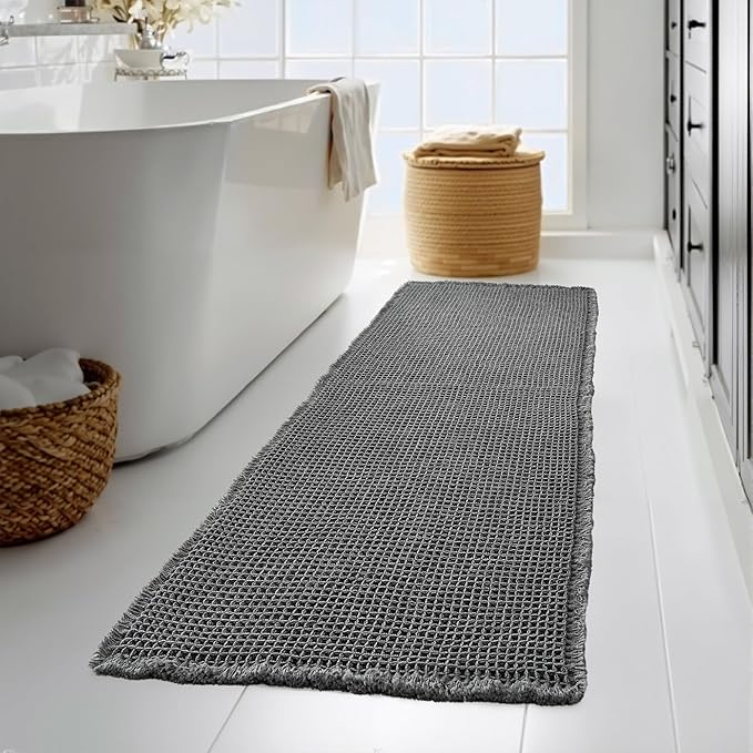 KGORGE Waffle Bath Mat, Ultra Soft 60" X 24" Super Absorbent Long Bathroom Rug with Tassels, Non Slip Farmhouse Floor Cover Quick Dry Large Rugs for Bathroom Shower Tub Toilet Kitchen, Grey, 1pc