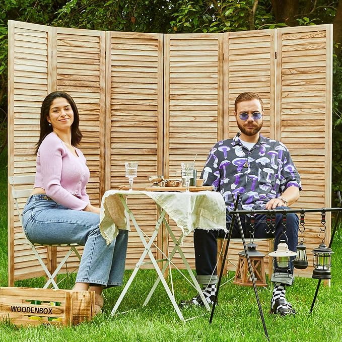 Room Partitions and Dividers Temporary Wall with Double Hinges, 5.6 Ft Tall Folding Louver Wood Screen for Home Office Bedroom Decoration (6 Panels, Natural Color)
