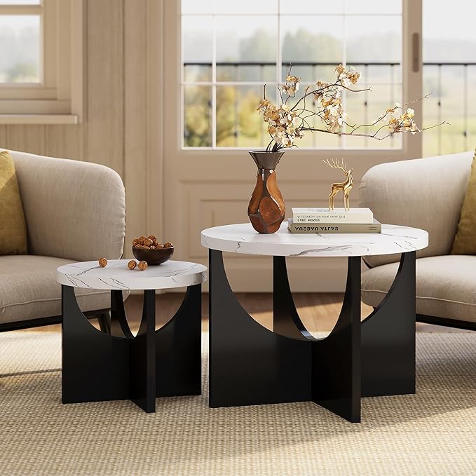 LIKIMIO Nesting Coffee Tables Set of 2, 23.6" Small Round Side Tables for Living Room, Wooden End Table, Marble