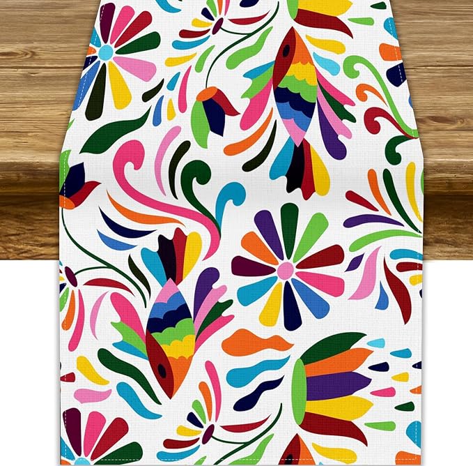 YCness Mexican Floral Themed Table Runer, Linen Colorful Mexican National Element Tradition Table Runner for Party for Party Home Bedroom Living Room Kitchen, 13x108 Inch