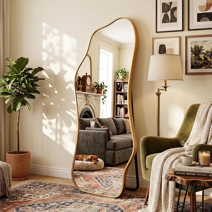Mirror Full Length - Irregular Full Body Mirror Standing or Leaning or Wall Hanging 62.2"x 22.8" Asymmetrical Aviation Aluminum Alloy Frame Unique for Bedroom, Living Room, Cloakroom, Entryway