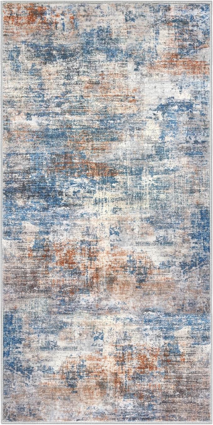 IOHOUZE Abstract Runner Rug 2x4 Ft Entryway Rugs Washable Door Mat Indoor Entrance, Rubber Backed Entryway Runners, Printed Faux Wool Non Slip Floor Carpet for Foyer Front Door Sink, Blue Rust