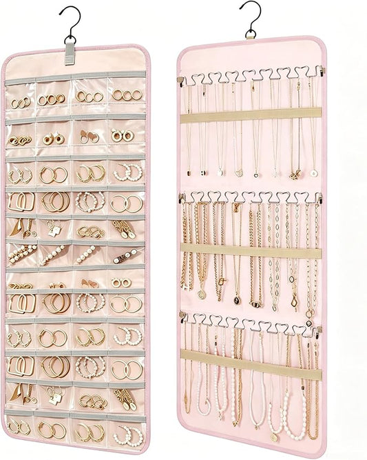 Hanging Jewelry Organizer, Double-Sided Jewelry Organizers and Storage with 48 Pockets and 21 Hooks for Necklaces Earrings Rings, Jewelry Travel Roll Over the Door for Closet Wall (1, Pink)