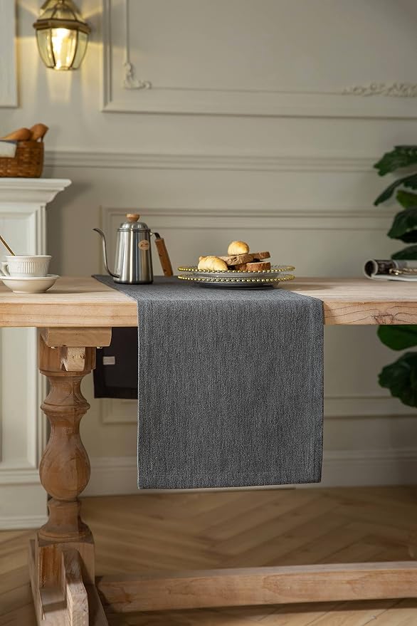 ZeeMart Burlap Style Farmhouse Table Runners 90 Inches Long, Grey Rustic Woven Dining Table Runner for Everyday Use, 14x90 Inches, Graphite Grey