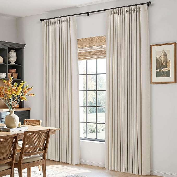 Vanilla Pinch Pleated Linen Curtains 84 Inches Long for Living Room Bedroom Pinch Pleat Drapes Rings Hooks Back Tab Light Filtering Boho Farmhouse Semi Sheer 84 Inch Curtain for Dining Room 40x84
