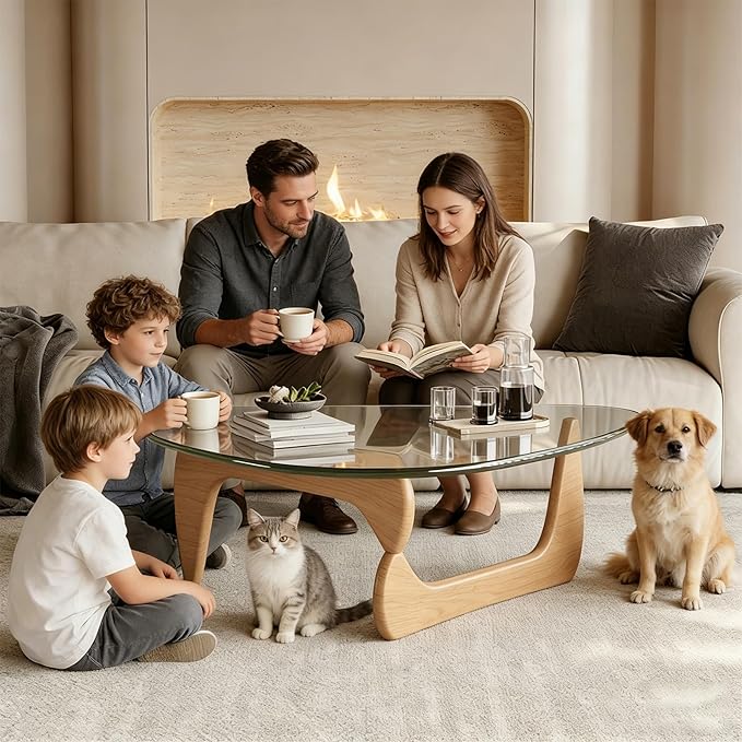 Small Coffee Table, Morden Glass Coffee Table with Triangle Tempered Glass Top & Solid Wood Base for Living Room, Small Space, Apartment