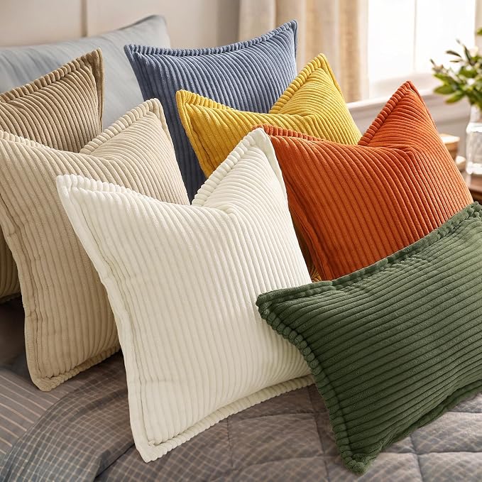 decorUhome Summer Corduroy Blue Grey Throw Pillow Covers 12x20 Set of 2 Decorative Soft Boho Farmhouse Lumbar Couch Pillow Covers for Living Room Bed Sofa Broadside Striped Pillow Cases