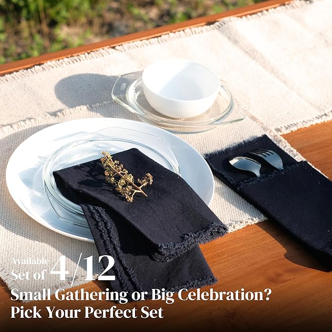 Palisa Premium Cotton Dinner Napkins Set of 4 | Navy Blue Frayed Edge Rustic Farmhouse Table Linen | Soft Washable Long Lasting Durable Cloth Serviettes for Wedding Dining Decor 18x18 Inch