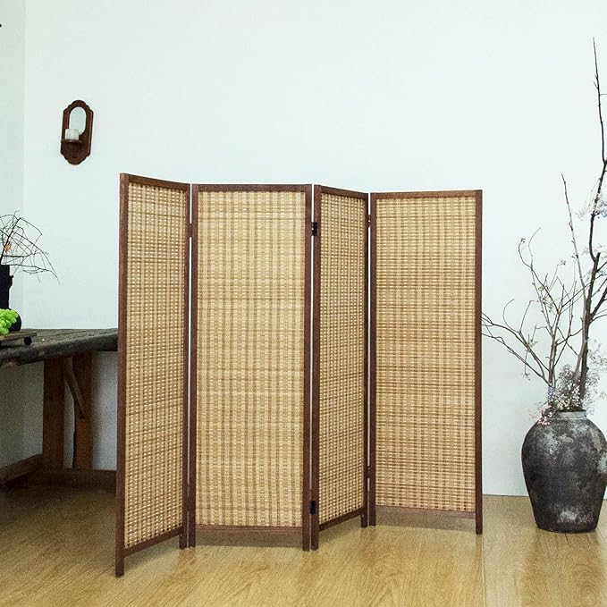 4 Panel Short Room Divider – 3.9 ft Tall Double-Side Folding Privacy Screen, Natural Brown Bamboo Partition Wall for Home Office, Living Room & Corner Spaces