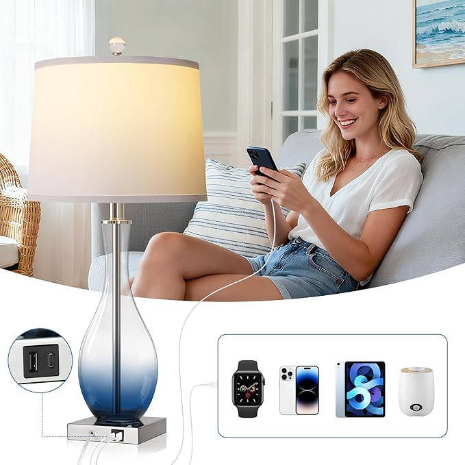 WIHTU 27" Navy Blue Bedside Desk Lamps for Nightstand Decorations, Table Lamps Set of 2 with Touch Control, 3-Way Dimmable Modern Glass Table lamp with USB C and A Charging Ports (LED Bulbs Included)