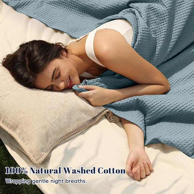 PHF Pre-Washed 100% Cotton Waffle Weave Blanket Queen Size for Bed,Snag Proof Throw Blanket for Couch Spring Summer Lightweight Breathable,Machine Washable, Home Decor Gift - Ocean