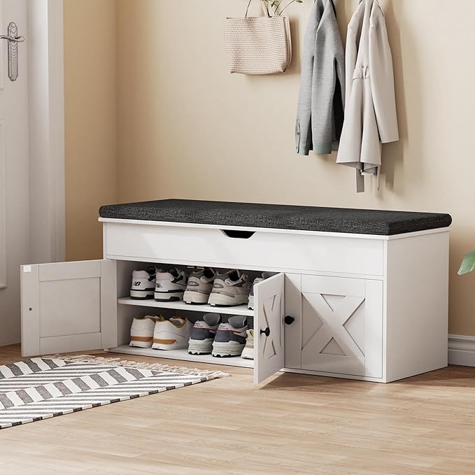 Homleke Shoe Storage Bench with Lift Top & 3 Barn Doors, Entryway Bench with Removable Cushion, Adjustable Shelf, Hidden Storage Cabinet for Hallway, Living Room, Bedroom - White