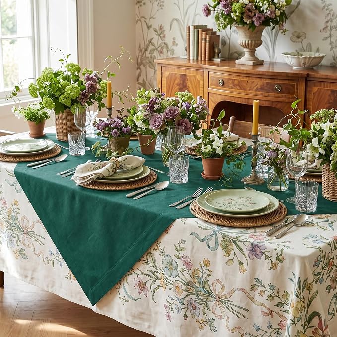 Solino Home Linen Tablecloth 52 x 52 Inch - 100% Pure Linen Rainforest Green Square Tablecloth - Fete, Machine Washable Table Throw