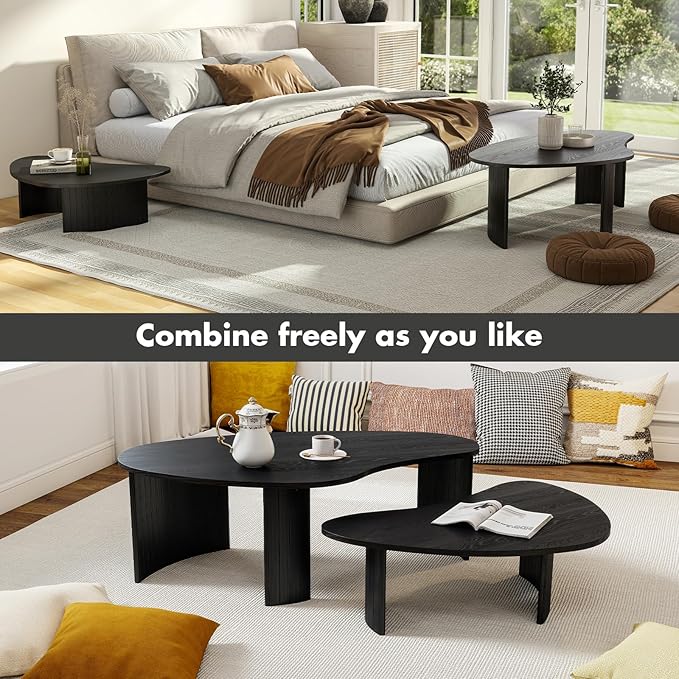 Black Coffee Table Set of 2, Nesting Coffee Tables with Wood Grain Veener, Simple Modern Cloud Shaped Center Table for Living Room