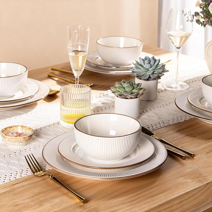 GBHOME Ceramic Dinnerware Sets,12 pcs Embossed Elegant Stoneware Plates and Bowls Sets, Housewarming Wedding Gift | Dishwasher & Microwave Safe | Dishes Set Service for 4