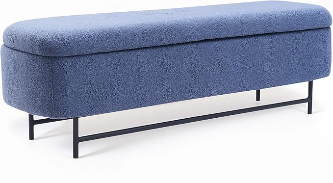 56" Boucle Storage Bench for Bedroom, Upholstered Teddy Ottoman Bench, Modern Extra Long Storage Bench for End of Bed/Entryway/Livingroom/Window (Navy)