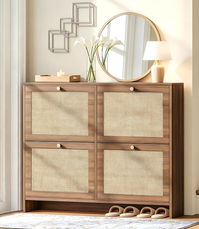 Nicetree Shoe Cabinet Storage for Entryway, 4-Flip Drawer Narrow Shoe Rack with Adjustable Shelves, Boho Modern Square Rattan Shoe Organizer, Slim Wood Storage Cabinets for Small Spaces Fits Size 13.5