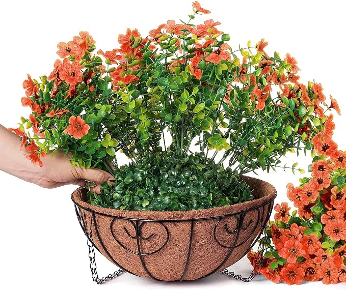 HyeFlora Artificial Fake Fall Hanging Plants Flowers Basket for Outdoor Decor, Faux Silk Orange Mums Daisy in Planter Look Real UV Resistant for Autumn Porch Home Patio Garden Yard Decoration