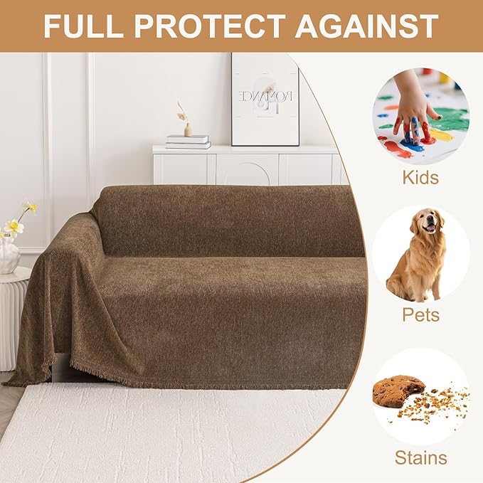 Smiry Couch Cover for Dogs, Washable Chenille Sofa Covers for 3 Cushion Couch, Soft Sofa Slipcover for Pets, Thick Sectional Furniture Protector with Tassels (Chocolate, 71x150 Inch)