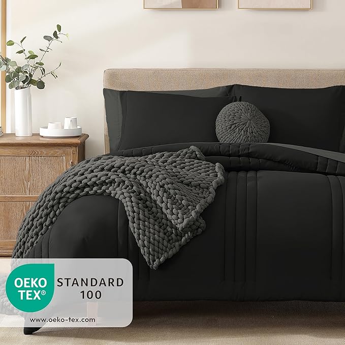 Monbix Queen Comforter Set - 7 Pieces Black Bed in a Bag Queen Bedding Sets with Comforters, All Seasons Comforter Bed Set with Sheets,Pillowcases & Shams