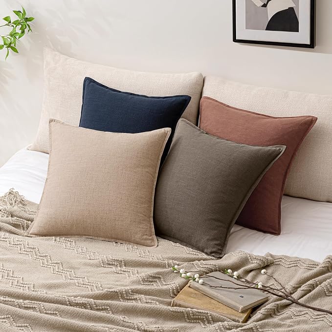 Decorative Linen Solid Throw Pillow Covers 20x20 Inch Set of 2 Coffee Boho Accent Farmhouse Pillows Modern Neutral Home Decor for Couch Sofa Living Room Bed