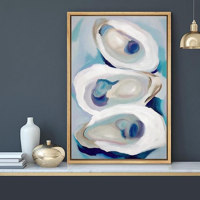 MUDECOR Framed Canvas Print Wall Art Modern Colorful Oysters Coastal Abstract Seafood Illustrations Minimalism Decorative Bohemian Colorful Zen for Living Room, Bedroom, Office - 16"x24" NATURAL