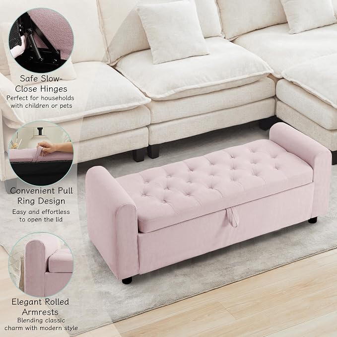 Ottoman with Storage, Tufted Storage Bench for Bedroom, 48" Fabrics End of Bed Bench, Upholstered Entryway Shoe Benches with Rolled Arm & Inner Zipper, Window Ottomans Chest without Rivets, Pink