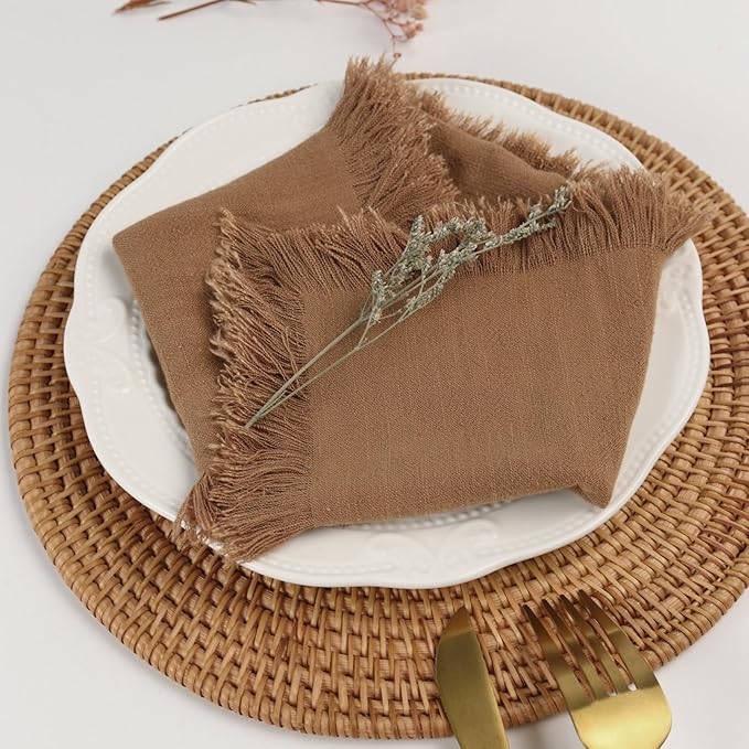 Handmade Cloth Napkins with Fringe,18 x 18 Inches Cotton Linen Napkins Set of 6 Versatile Handmade Square Rustic Fringe Napkins for Dinner, Wedding and Parties, Taupe