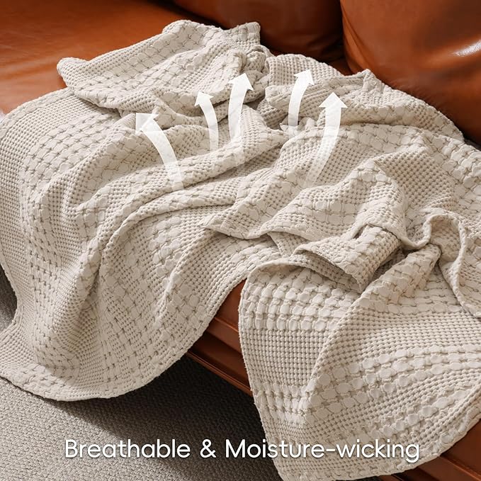 PHF 100% Cotton Waffle Weave Blanket Twin Size for Bed, Soft Lightweight & Breathable for Spring and Summer, All-Season Comfort, Luxury Aesthetic Blanket for Home Decor, 66"x90", Light Taupe/Oatmeal