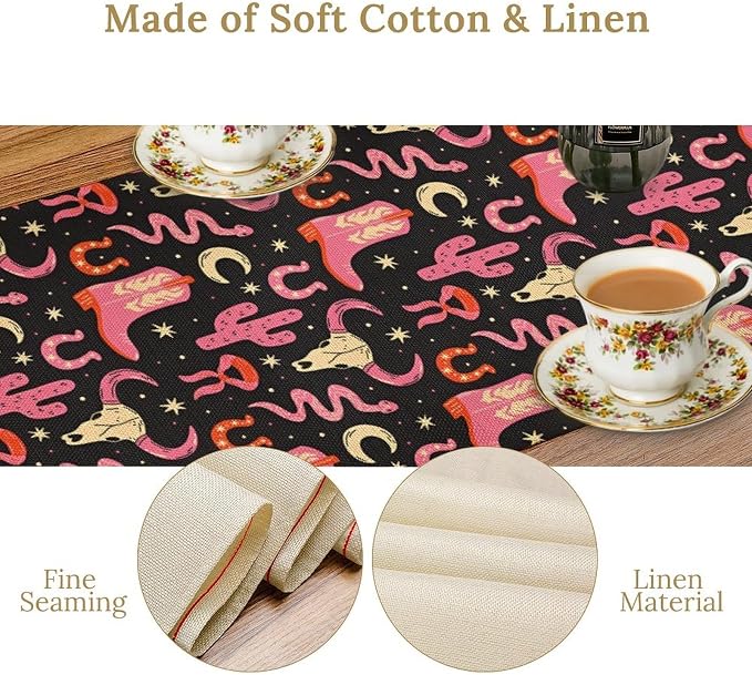Western Cowgirl Table Runner, Pink Cowboy Boots Cacti Cactus Skull Print Table Runner for Kitchen Dining Party Birthday Wedding, 13x120 Inch