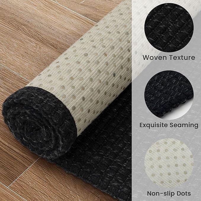 EARTHALL Woven Runner Rug 2x5 Ft Washable Runners for Hallways Cotton Non Slip Rubber Backed Kitchen Runner Braided Indoor Floor Carpet for Entryway, Hallway, Kitchen, Bedroom, Black/Grey