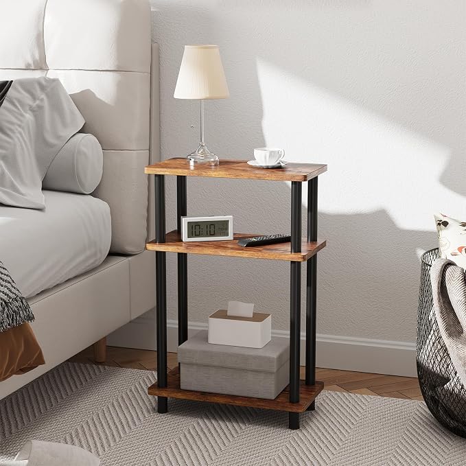 Apicizon Small Narrow Side Table, 3-Tier Skinny End Table for Small Spaces, Slim Nightstand with Storage Shelf, Bedside Table for Living Room, Bedroom, Rustic Brown and Black