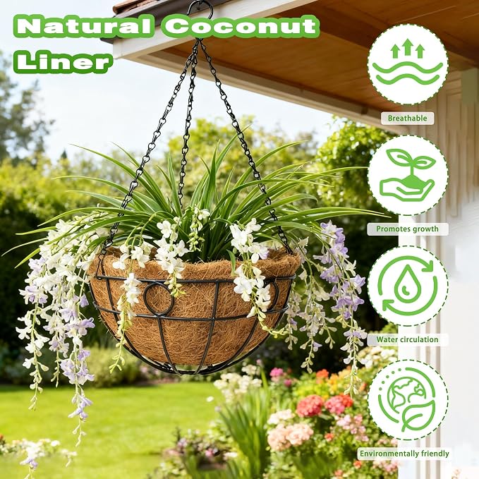 2 Pack 12 Inch Metal Outdoor Hanging Baskets Black Heavy Duty Hanging Planters with Coco Liners for Indoor Outdoor Plants Gardens Patios Terraces（Round）