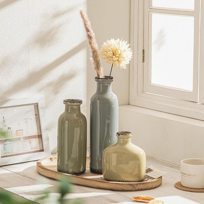 Bud Vase - Flower Vase Set - Decorative Vases - Ceramic Small Vase Set of 3 for Centerpieces - Ice Creak for Decor - Modern Decoration Vases for Home Farmhouse Table Office, Mini Vase by Lyeec