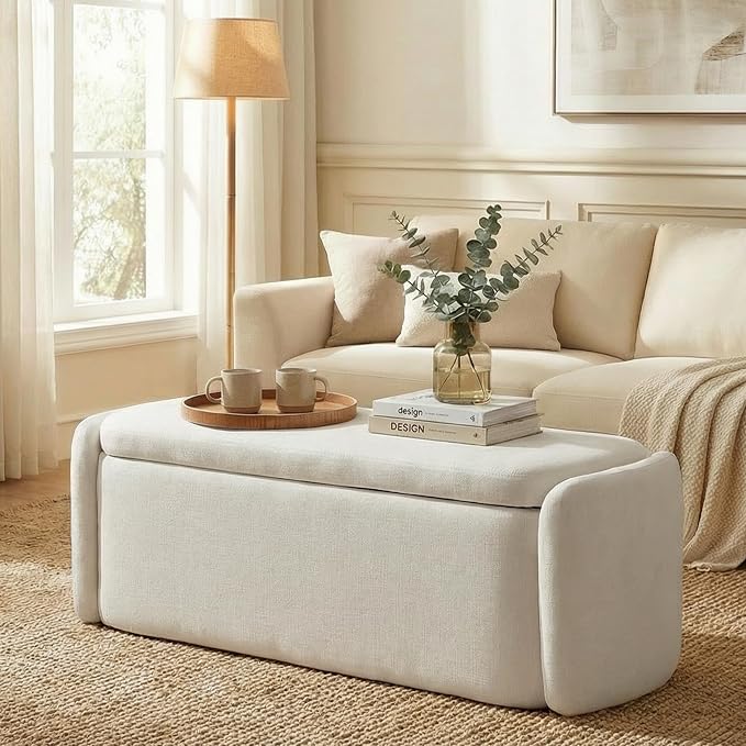 VKNOW 46" Oval Storage Ottoman Bench, Upholstered End of Bed Bench Ottomans Bench Foot Rest, Sherpa Storage Bench for Bedroom, Living Room and Hallway, Beige