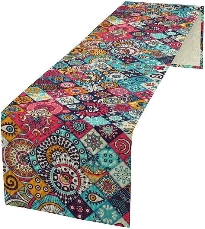 Boho Bohemian Table Runner Colorful Abstract Mid Century Geometric Table Ruuner Decoration for Kitchen Dining Room 13x36in