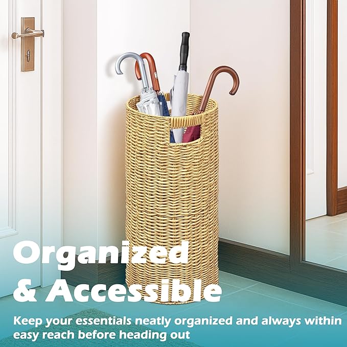 Rattan Umbrella Holder 21" H X 10" D, Handmade Wicker Umbrella Stand Indoor with Dip Tray, Sturdy Umbrella Holders for Entryway, Umbrella Bucket Fits Mudroom,Walking Canes,Home,Office (Oak)