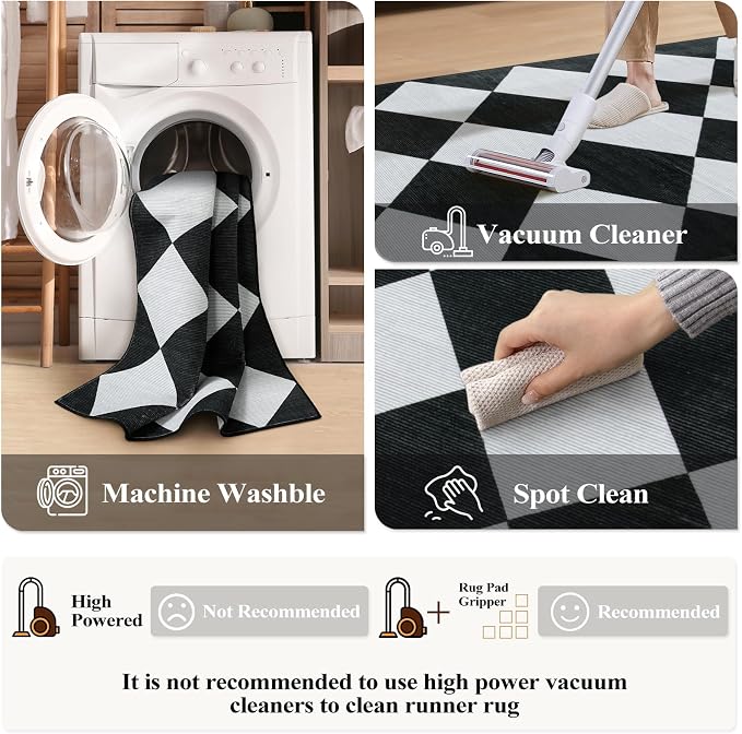 Beeiva Checkered Print Runners for Hallways 2.5x8, Ultra Thin Black Kitchen Runners Non Skid Washable 8 ft, Modern Diamond Stain Resistant Low Pile Carpet for Bathroom Entryway Bedroom Laundry