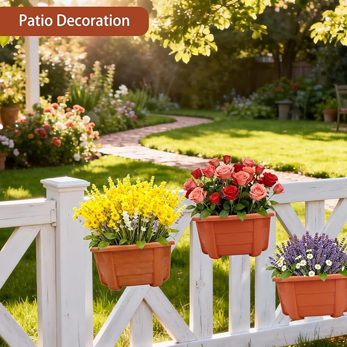 summer flower 3 Pack Hanging Planters for Railing, 9.84 Inch Plastic Window Box with Drain Hole Plug, Indoor Outdoor Flower Pots for Balcony Fence Garden Decor (Red)