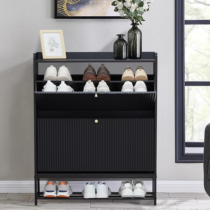RARZOE Set of 2 Fluted Shoe Cabinets for Entryway with 2 Flip Drawers, Narrow Wood Shoe Cabinet with Fluted Panel, Freestanding Hidden Shoe Rack with Metal Legs for Foyer,Hallway(31.5''Black)