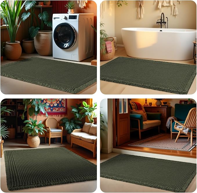 Extra Large Waffle Bath Mat, Boho Woven Modern Bath Rug Absorbent Non Slip, Ultra Soft Bathroom Mats, Machine Washable Knit Bath Rugs with Tassels for Bathroom, Bedroom, Kitchen, 6'x2', Dark Green