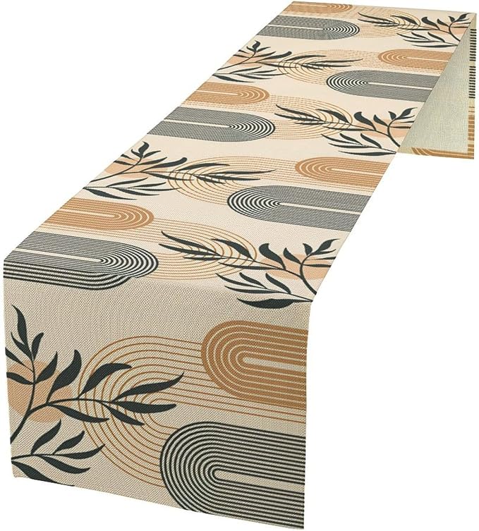 Mid Century Boho Table Runner, Abstract Geometric Arch Sun Tropical Leave Modern Table Runner for Kitchen Dining Indoor Outdoor Party Decor, 13x108 Inch