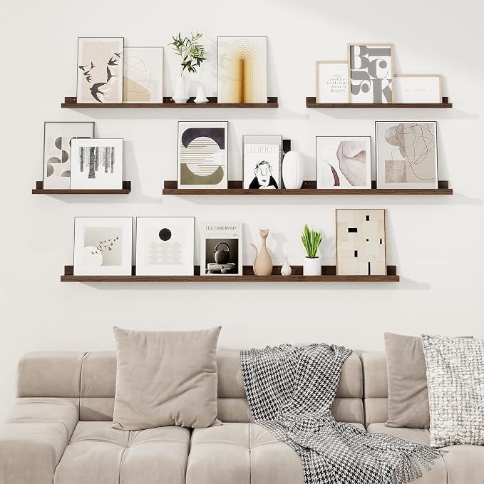 RICHFOCUS Picture Ledge Shelf, 36 inch Floating Shelves Set of 2, Wood Wall Shelves with Lip, Wall Decor Storage for Bedroom Living Room Bathroom Kitchen Nursery Photo Picture, Walnut