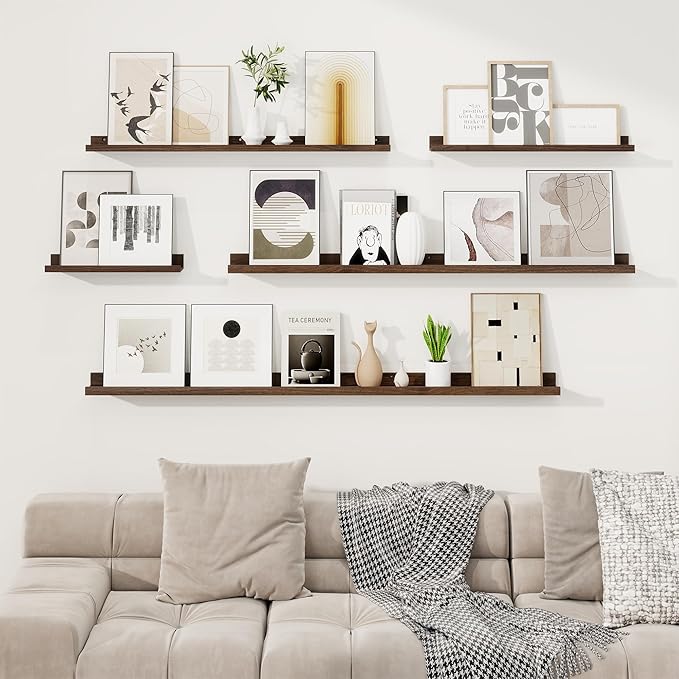 RICHFOCUS Picture Ledge Shelf, 55 inch Floating Shelves Set of 2, Wood Wall Shelves with Lip, Wall Decor Storage for Bedroom Living Room Bathroom Kitchen Nursery Photo Picture, Walnut