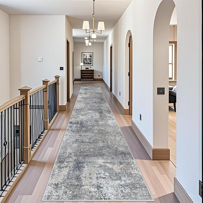 3x20 ft Extra Long Hallway Runner Rug - Non-Slip Washable Floor Runner with Rubber Backing, Modern Low Pile Thin Wide Carpet for Entryway, Kitchen, Living Room（Blue Grey, 3x20）