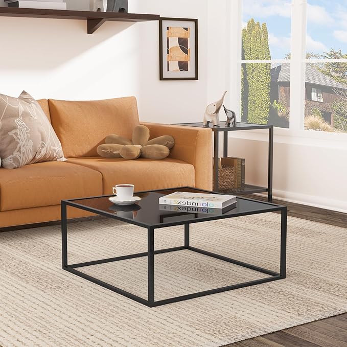 SAYGOER Black Glass Coffee Table Small Modern Coffee Tables 26.7in Square Tempered Glass-Top Accent Center Table for Living Room Home Office with Black Metal Frame Easy Assembly