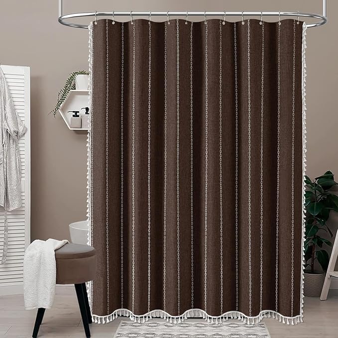 BTTN Boho Farmhouse Shower Curtain - Linen Rustic Heavy Duty Striped Fabric Shower Curtain Set, Bohemian Vintage Country Cloth Shower Curtains for Bathroom, Brown, 72" W x 84" L (Pack of 1)