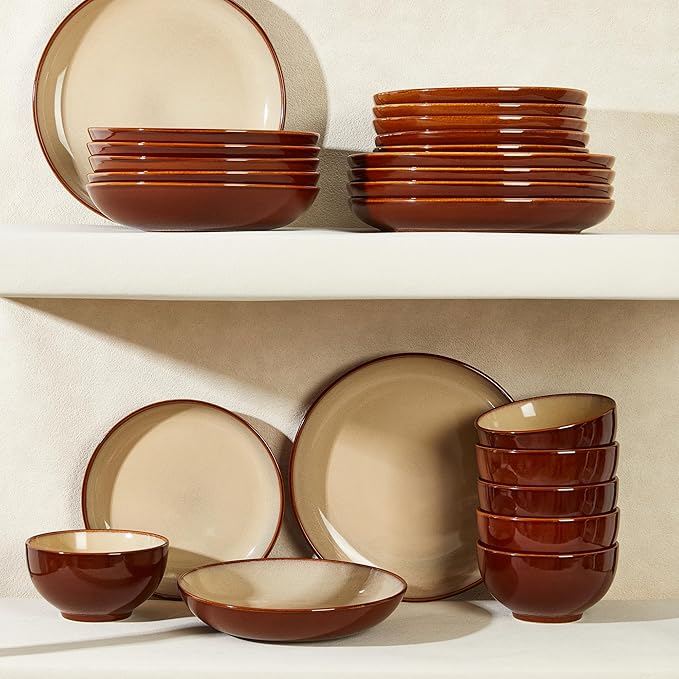 Pokini 24 Piece Double Bowl Dinnerware Sets with Pasta Bowls, Highly Chip and Crack Resistant Plates and Bowls Sets, Natural Earthyware Ceramic Dishware Sets, Service for 6 Brown Yellow